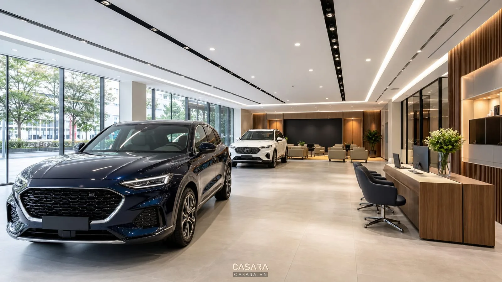 Showroom xe 5S với ô tô trưng bày và lối đi rộng quanh xe