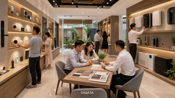 showroom thiết bị 6shome với kệ trưng bày thiết bị gia đình thông minh và khu tư vấn hiện đại