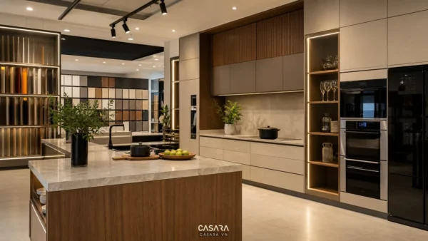 showroom thiết bị gia đình 6shome với góc bếp mô phỏng và tủ thiết bị âm tường