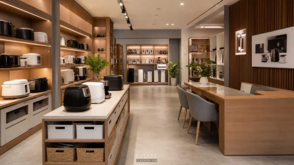 showroom 5s thiết bị gia đình gọn gàng với kệ trưng bày ngăn lưu trữ và quầy tư vấn
