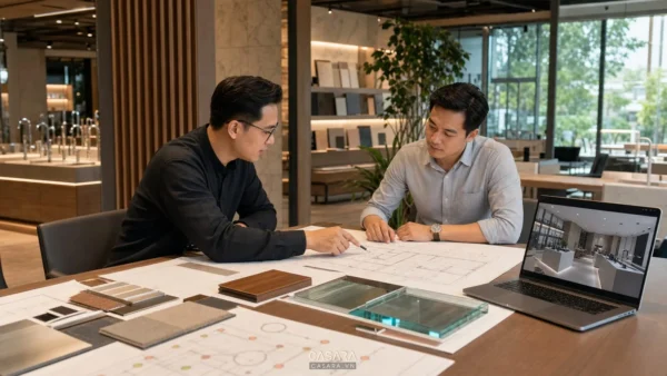 kiến trúc sư và chủ đầu tư xem bản vẽ showroom thiết bị 6shome với mẫu vật liệu và sơ đồ ánh sáng