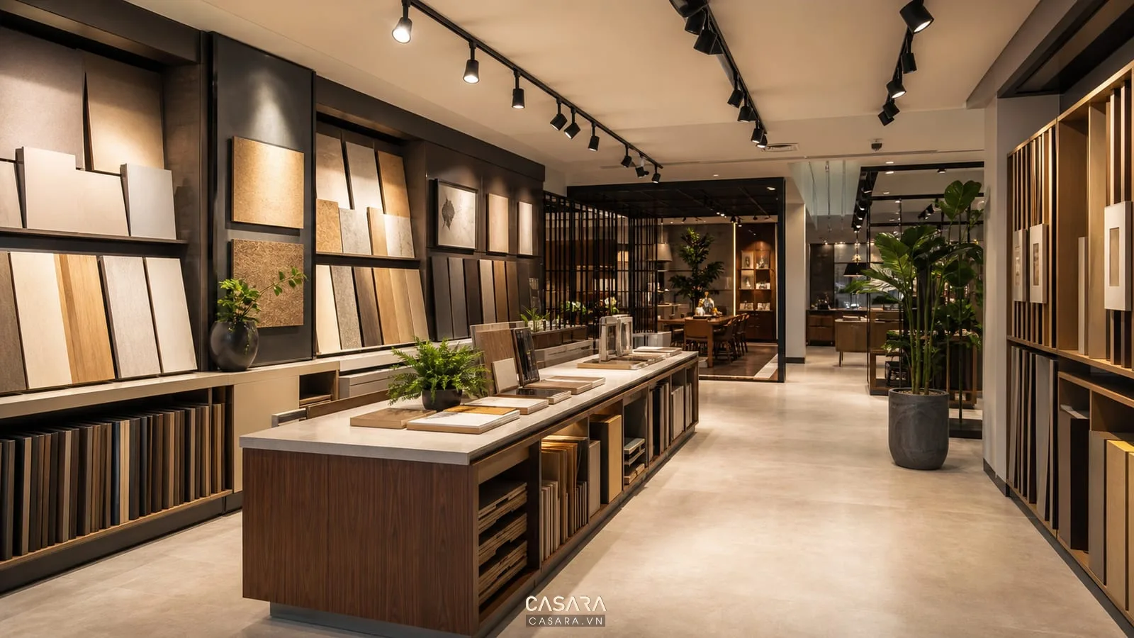 Khu phân loại sản phẩm showroom thiết bị với kệ trưng bày bảng thông tin và mẫu vật liệu