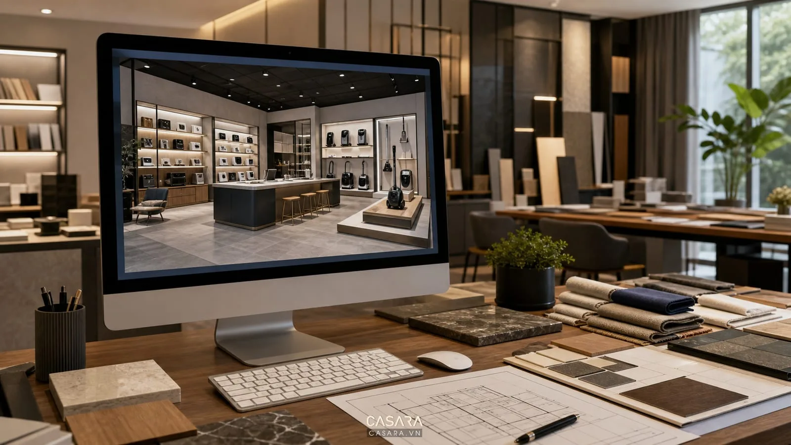 Thiết kế showroom 3d trên màn hình máy tính cho showroom thiết bị với quầy tư vấn và kệ trưng bày
