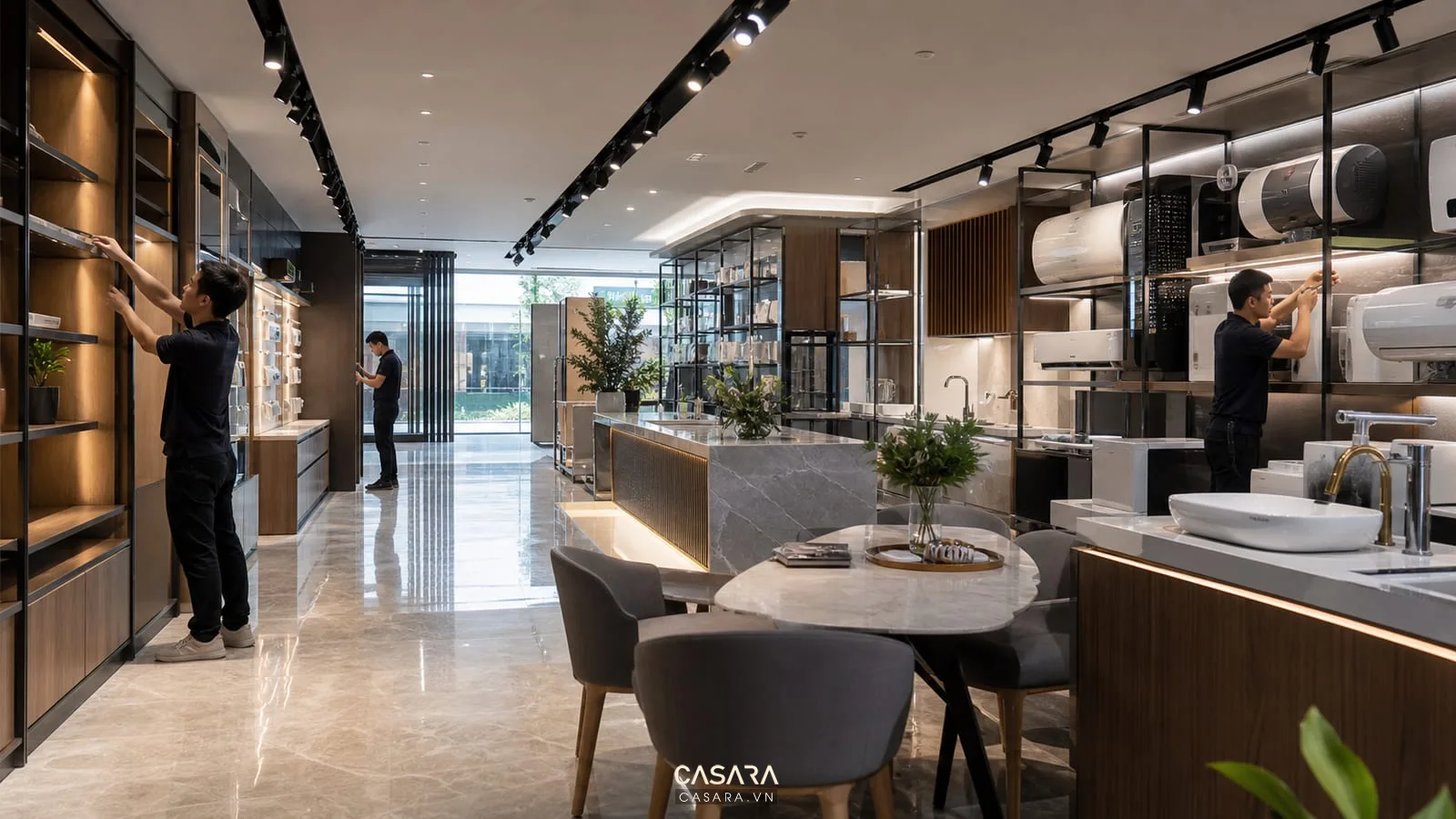 Thi công showroom thiết bị với kệ trưng bày đèn ray quầy tư vấn và thiết bị demo