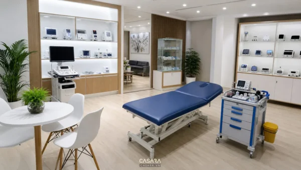 Showroom thiết bị y tế hiện đại có giường khám, xe đẩy y tế, tủ dụng cụ, máy đo huyết áp và ánh sáng trắng dịu.