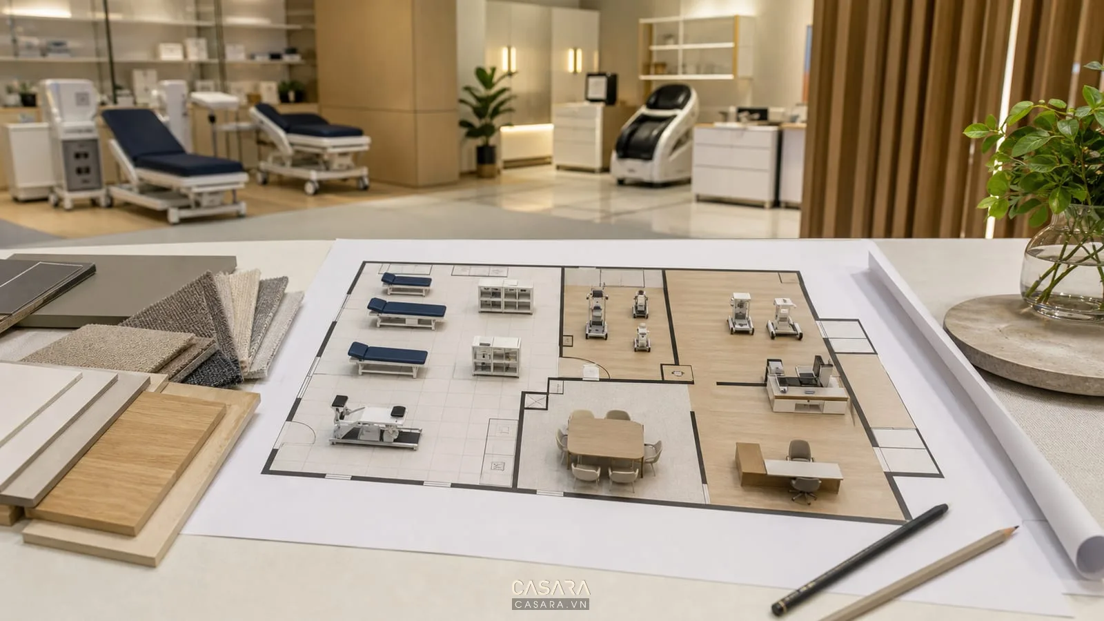 Bản vẽ mặt bằng showroom thiết bị y tế có khu giường khám, tủ thuốc, thiết bị phục hồi chức năng, khu tư vấn và mẫu vật liệu sáng màu.