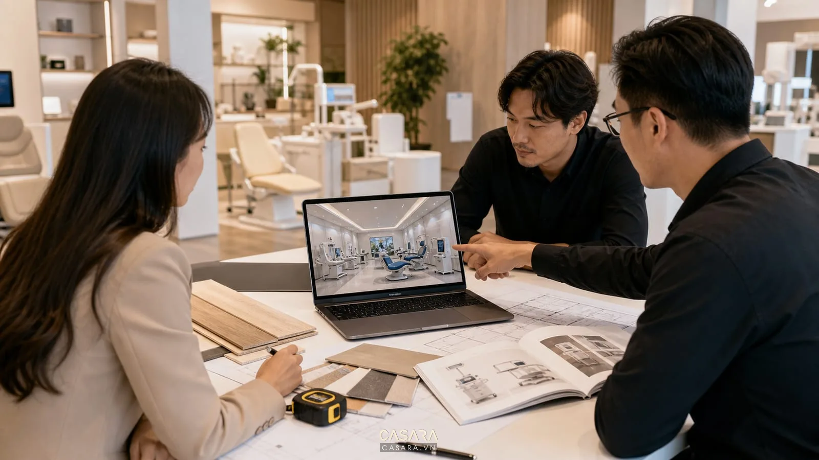 Đội thiết kế xem bản vẽ 3D showroom thiết bị y tế trên laptop với mẫu sàn sáng màu, catalogue thiết bị, thước đo và bản vẽ kỹ thuật.