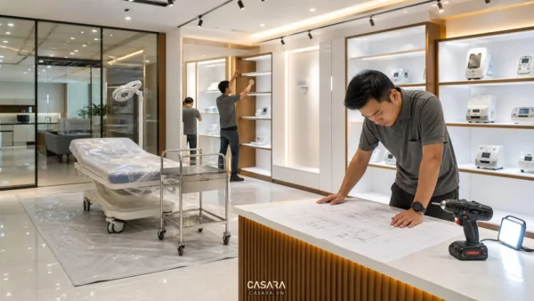 Thi công showroom thiết bị y tế với thợ lắp kệ, giường khám bọc bảo vệ, xe đẩy y tế, bản vẽ kỹ thuật và đèn chiếu sáng.