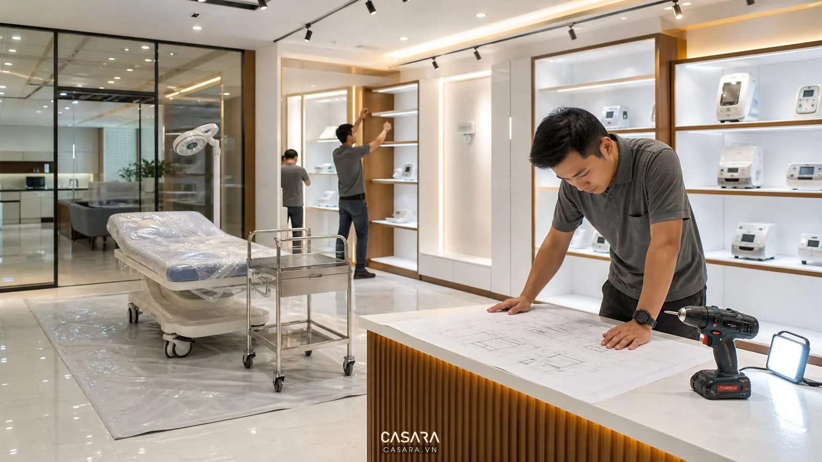 Thi công showroom thiết bị y tế với thợ lắp kệ, giường khám bọc bảo vệ, xe đẩy y tế, bản vẽ kỹ thuật và đèn chiếu sáng.