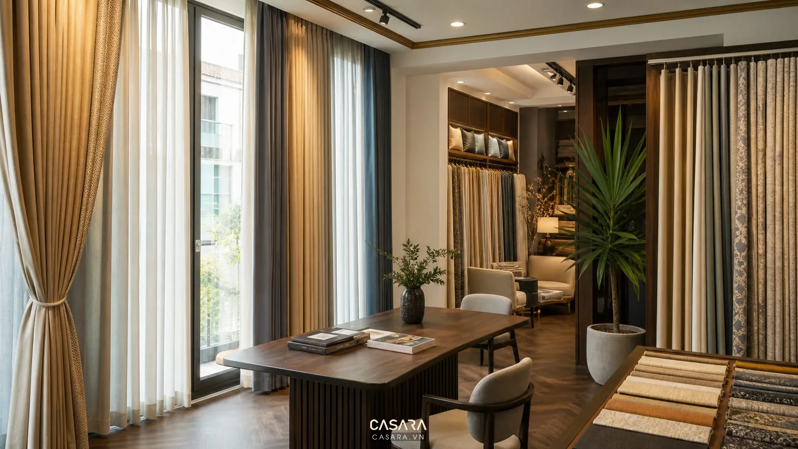 Thiết kế showroom rèm với mẫu rèm vải bảng màu và khu tư vấn khách hàng