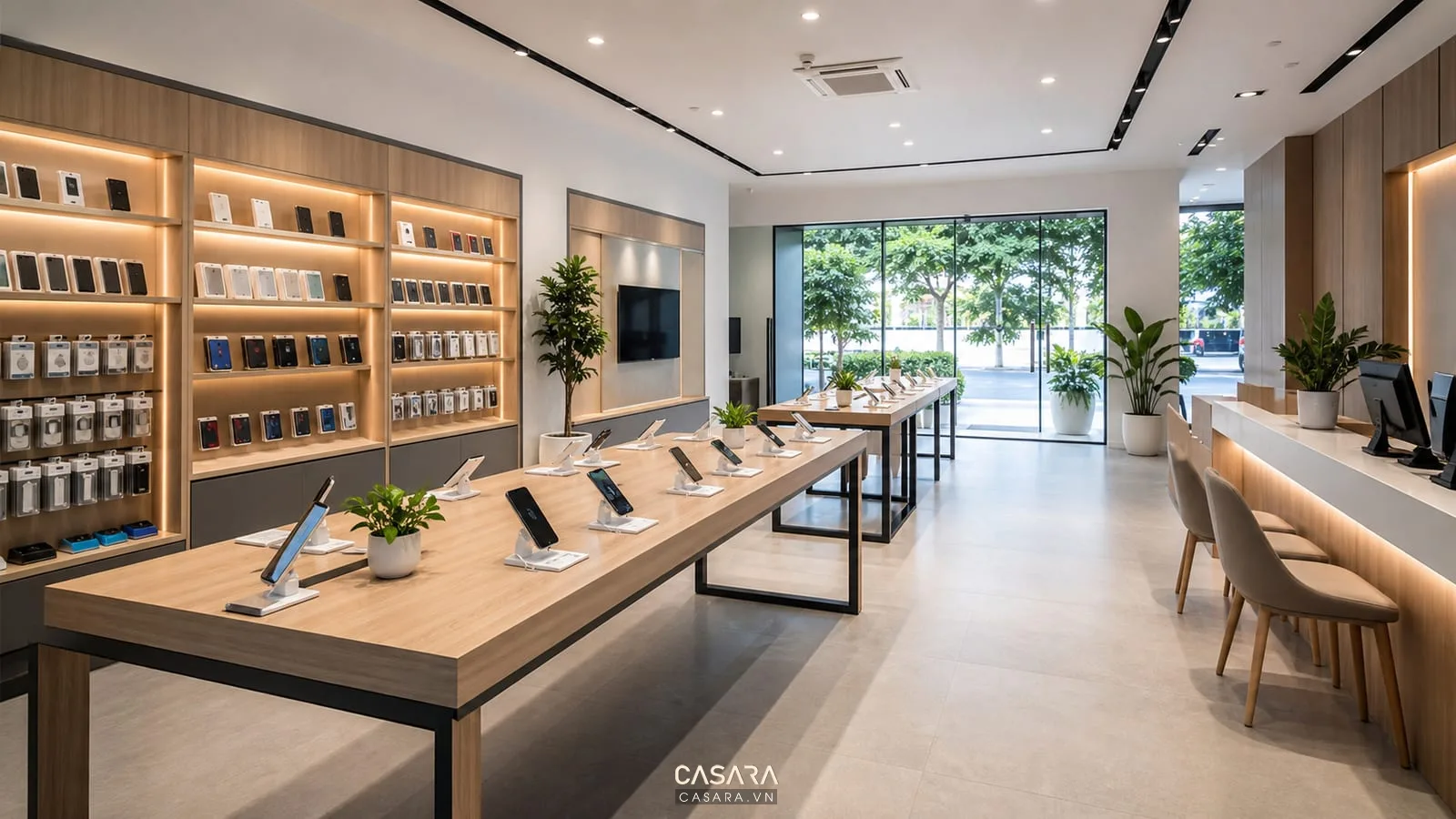 Thiết kế showroom điện thoại với bàn trải nghiệm tủ phụ kiện và quầy tư vấn hiện đại