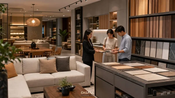 showroom thiết kế nội thất với sofa bàn ăn hệ tủ mẫu gỗ mẫu đá và khách xem vật liệu