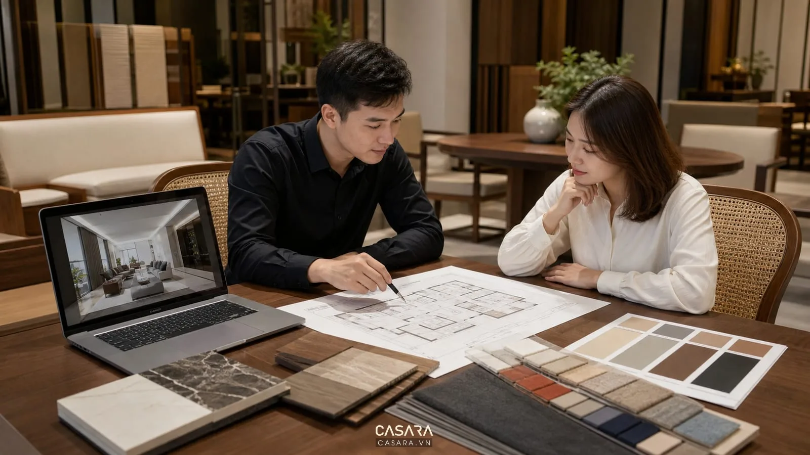 tư vấn showroom thiết kế nội thất với kiến trúc sư chủ đầu tư bản vẽ phối cảnh 3D mẫu gỗ mẫu đá và vải bọc