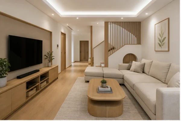 Phòng sinh hoạt chung hiện đại với sofa lớn và kệ tivi gọn
