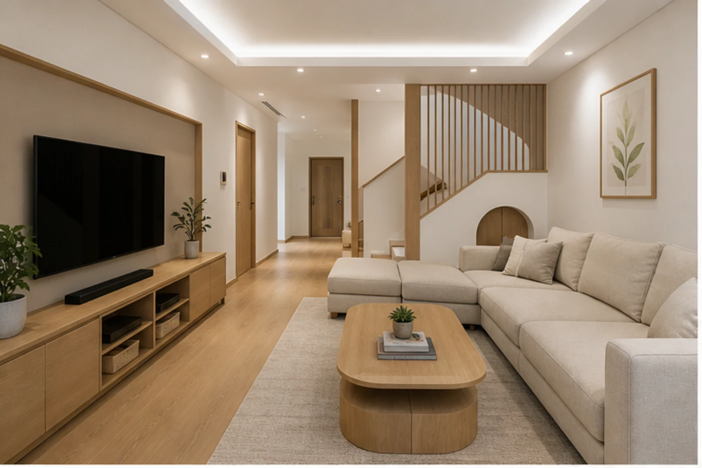 Phòng sinh hoạt chung hiện đại với sofa lớn và kệ tivi gọn