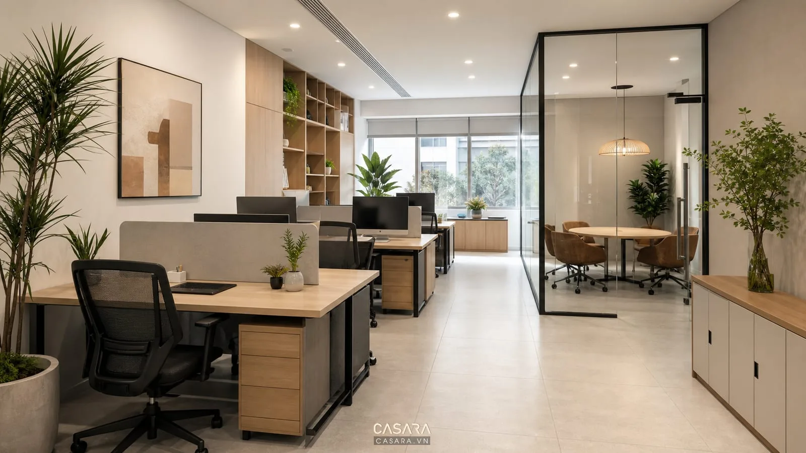 Thiết kế văn phòng nhỏ gọn với cụm bàn làm việc và góc họp nhanh