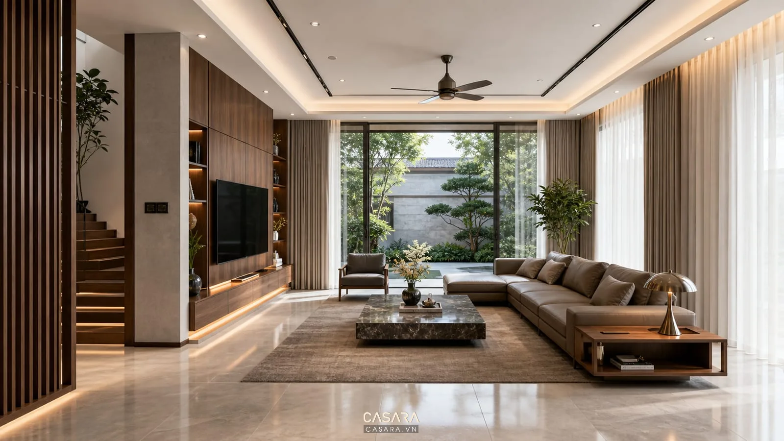 Phòng khách biệt thự hiện đại với sofa lớn và vách tivi ốp gỗ