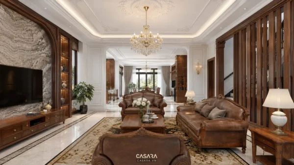 Thi công biệt thự cổ điển với phòng khách trần cao phào chỉ đèn chùm sofa đá marble và gỗ tự nhiên