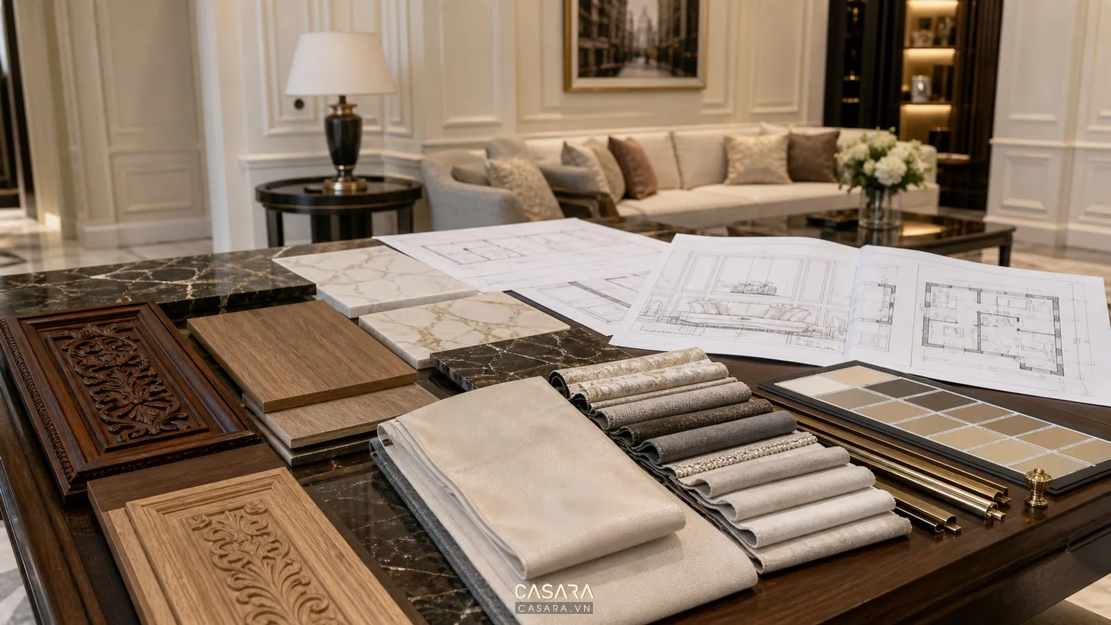 Thi công nội thất biệt thự tân cổ điển với mẫu gỗ đá marble da sofa vải rèm kim loại và bản vẽ chi tiết