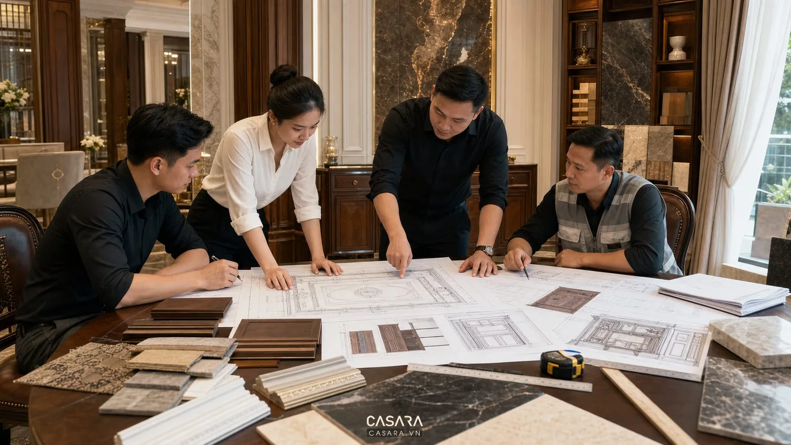 Bản vẽ thi công biệt thự cổ điển có mặt bằng trần đèn chi tiết phào chỉ tủ gỗ kệ tivi mẫu đá và đội thi công