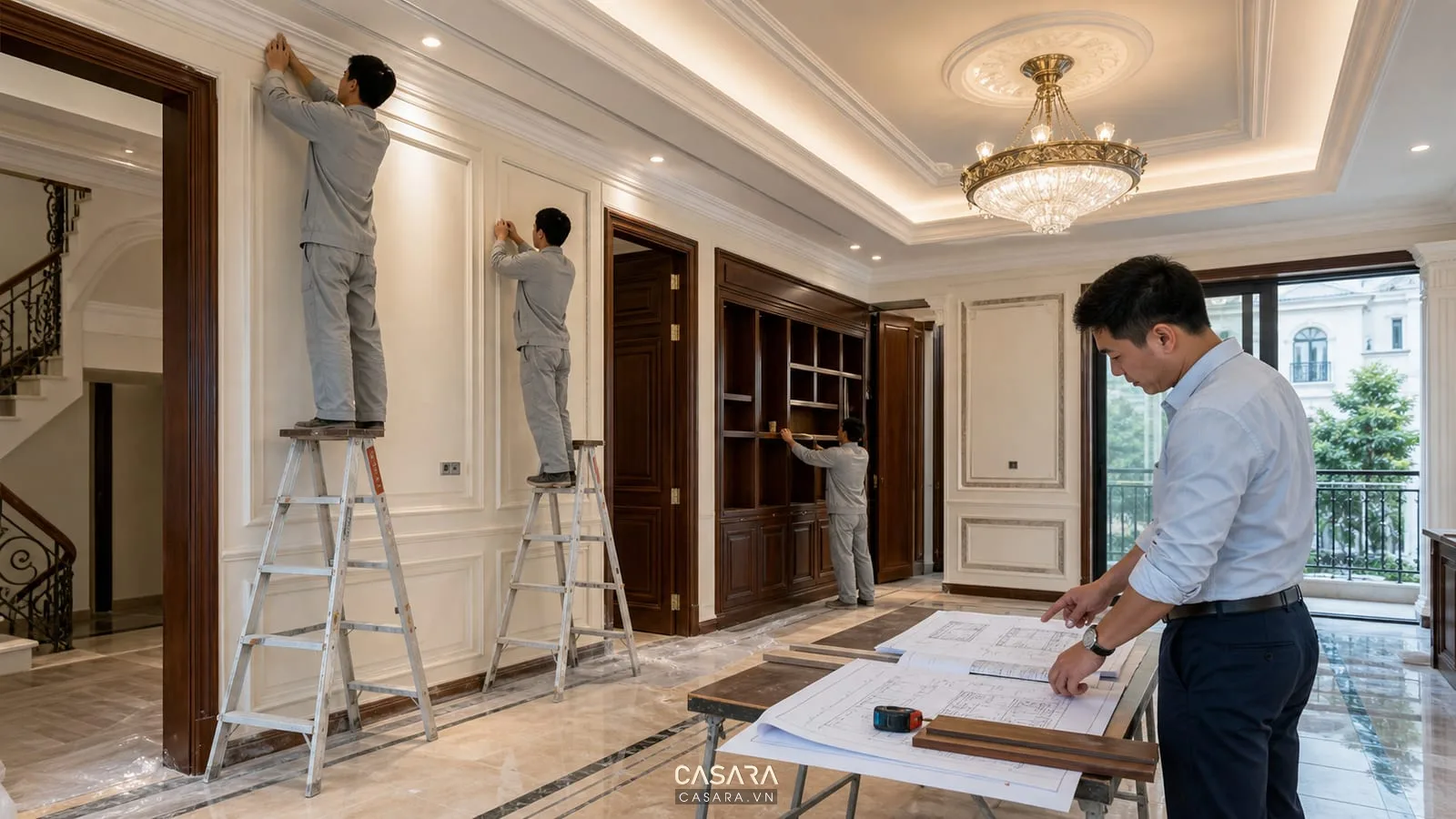 Thi công biệt thự hcm tại hiện trường với đội thợ lắp phào chỉ tủ gỗ đèn trần bản vẽ và giám sát kiểm tra