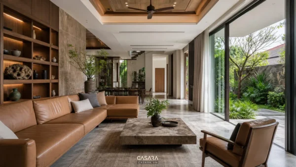 Phòng khách biệt thự Đà Nẵng hiện đại với sofa, bàn trà và hệ tủ gỗ sang trọng