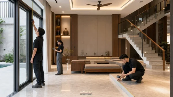 Nhân sự thi công nội thất đo kích thước cửa kính, sàn và khu vực phòng khách biệt thự
