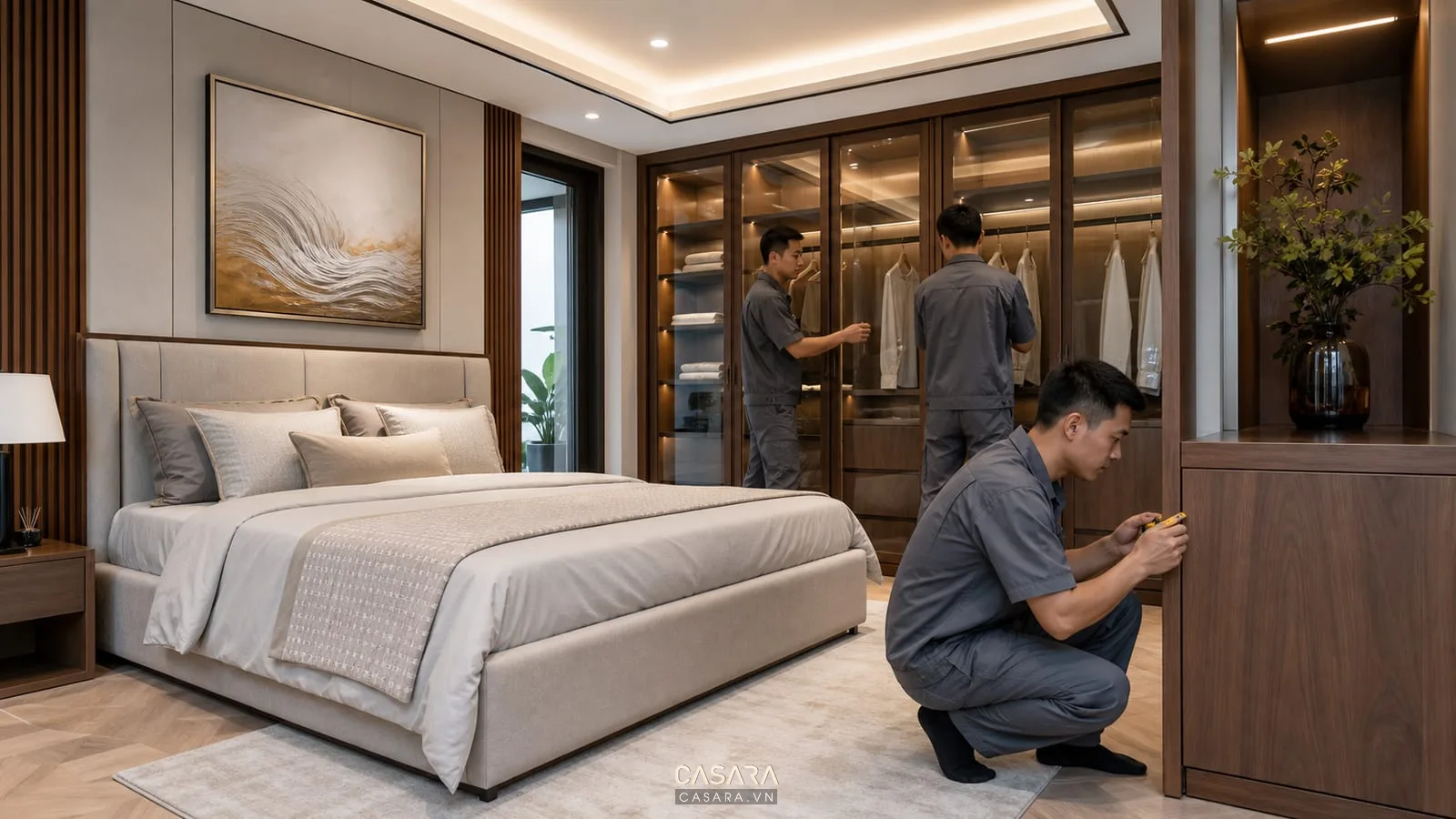 Lắp đặt nội thất phòng ngủ biệt thự với giường, tủ áo kính và hệ tủ gỗ hoàn thiện