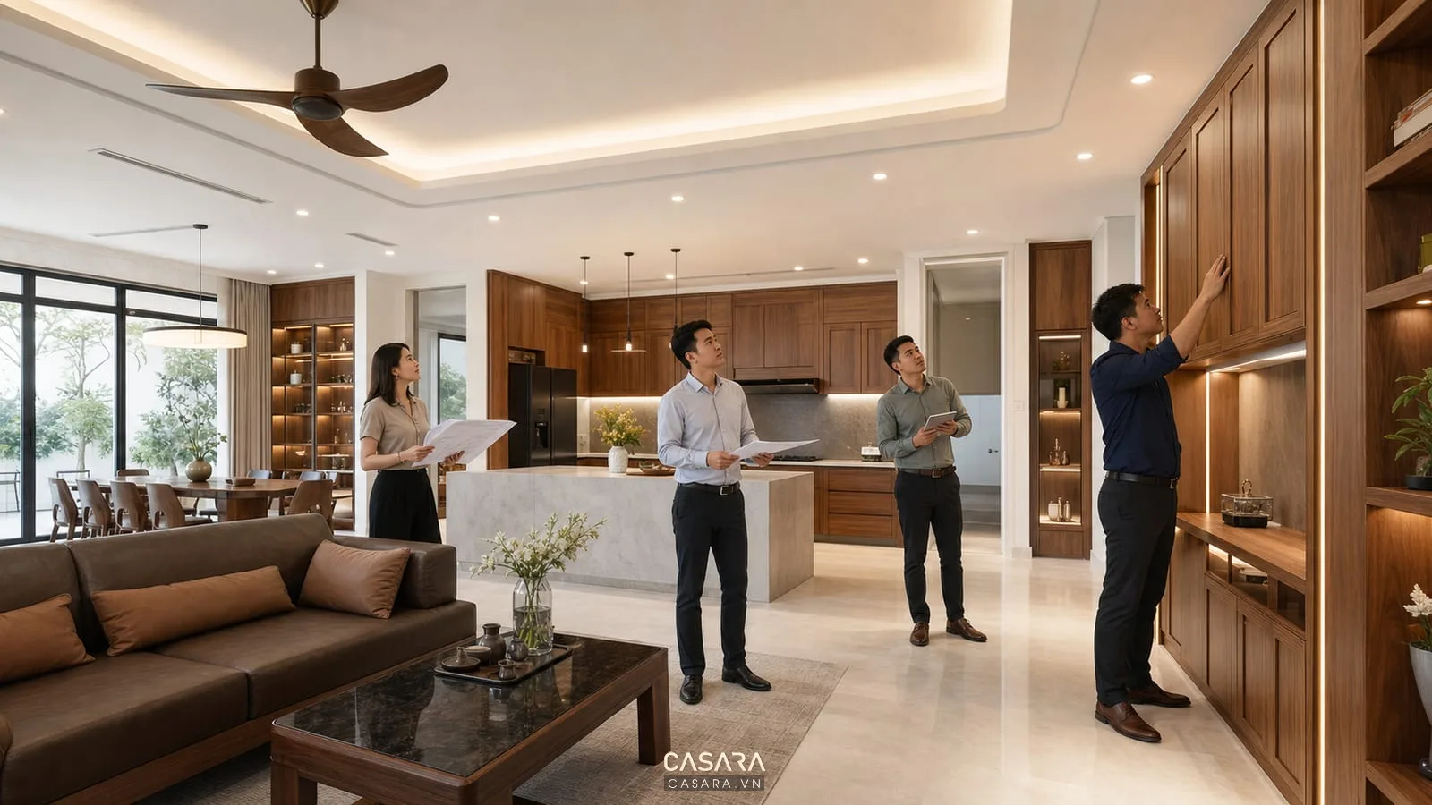 Nghiệm thu thi công biệt thự đẹp với tủ bếp và đèn trần hoàn thiện