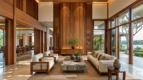 Phòng khách biệt thự trần cao với vách gỗ, sofa sáng màu và cửa kính lớn