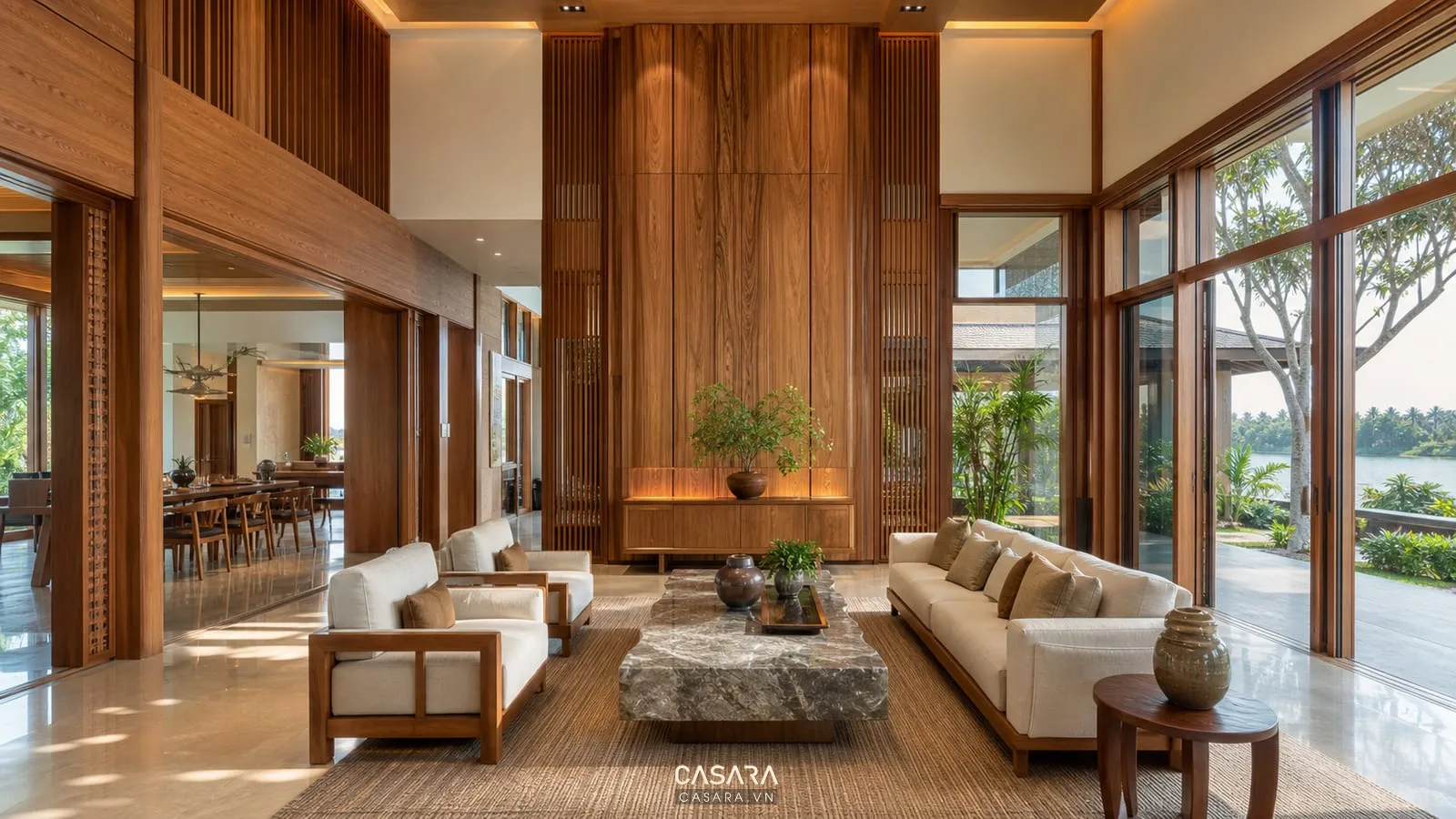 Thi công biệt thự gỗ tự nhiên với phòng khách trần cao vách gỗ sofa lớn và bàn trà đá