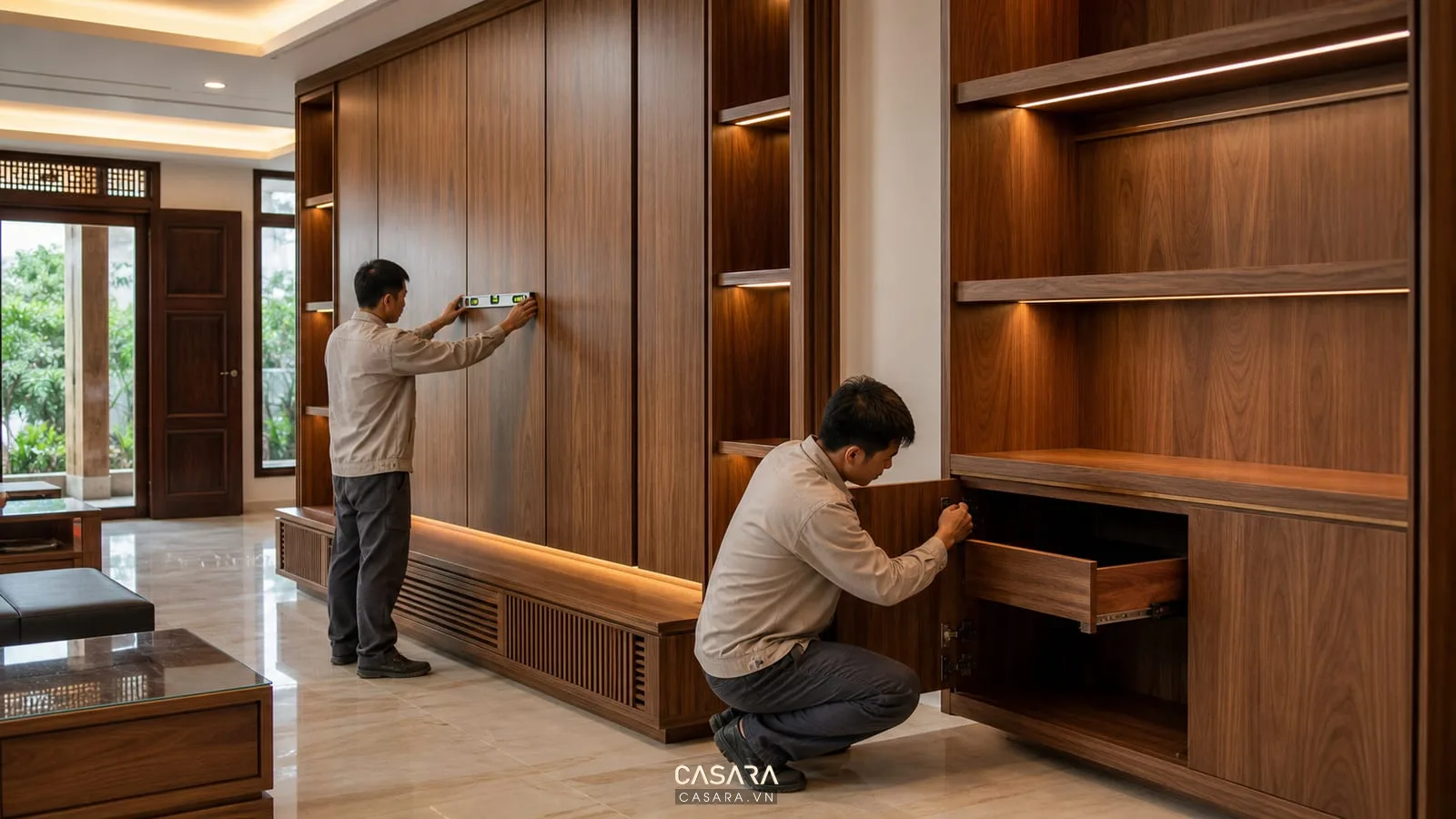Thi công hoàn thiện biệt thự gỗ tự nhiên với thợ lắp vách gỗ tủ gỗ kiểm tra khe hở ray trượt và đèn LED
