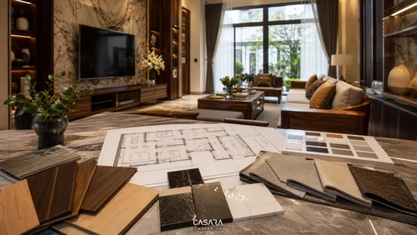 Thi công biệt thự Hà Nội với phối cảnh phòng khách bản vẽ mặt bằng mẫu gỗ mẫu đá và bảng màu vật liệu