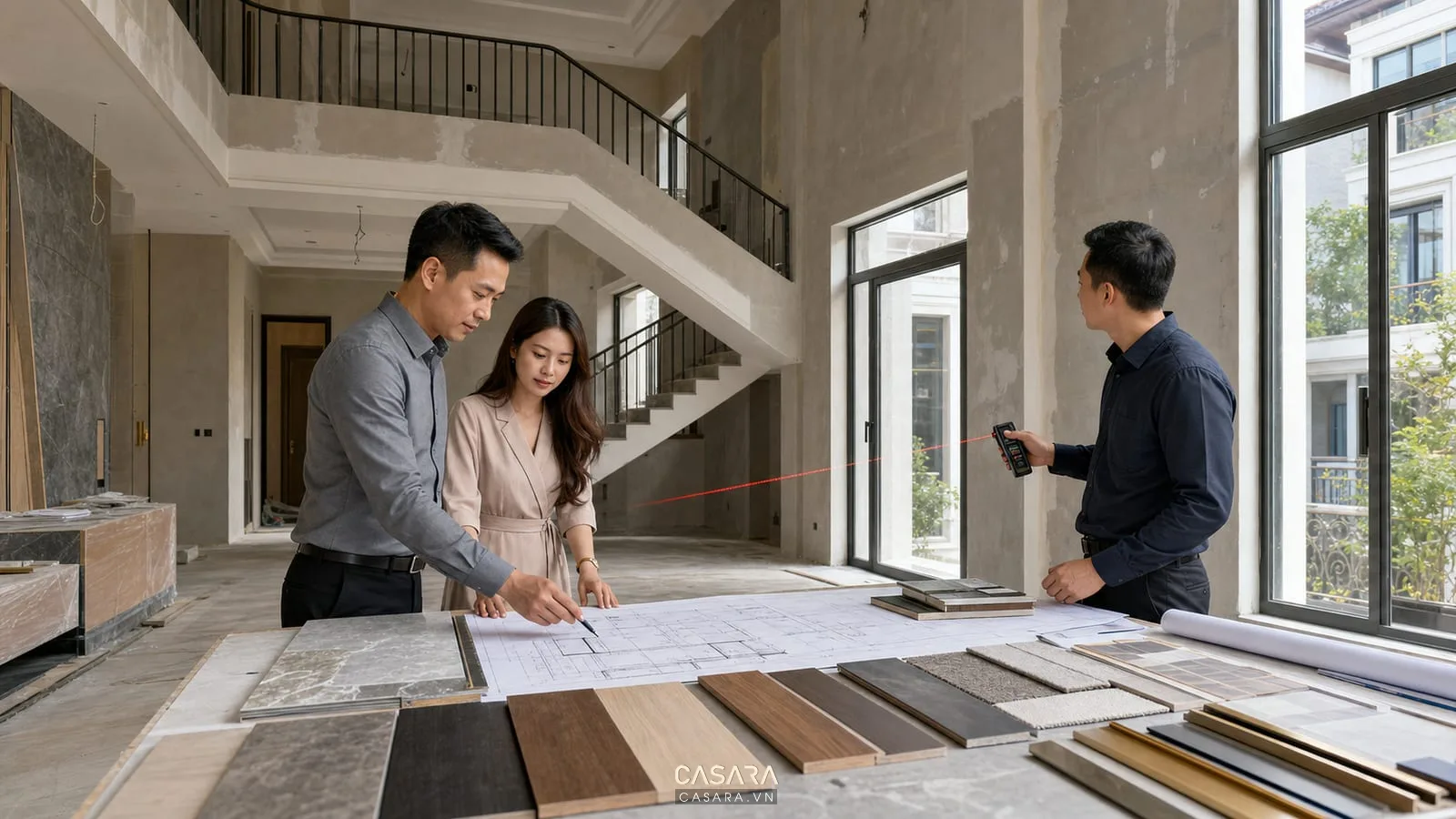 Khảo sát hiện trạng biệt thự Hà Nội với thước đo laser bản vẽ mặt bằng phòng khách thô cầu thang và mẫu vật liệu