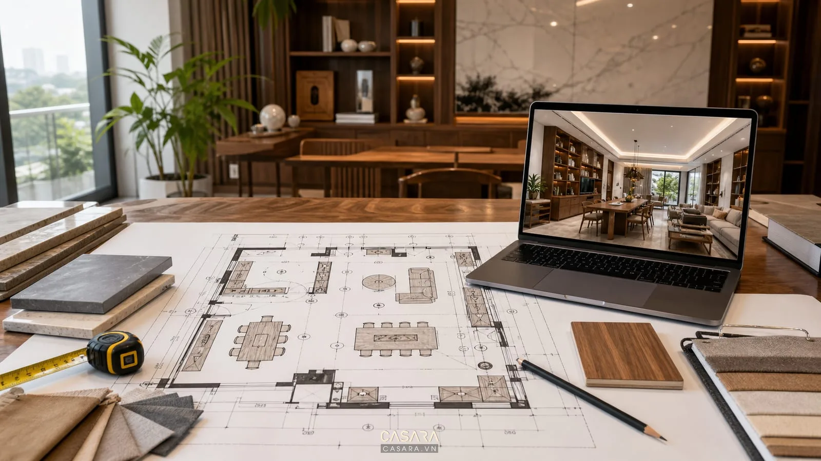 Bản vẽ thi công nội thất biệt thự Hà Nội có mặt bằng phòng khách ký hiệu đèn trần ổ cắm tủ gỗ bàn ăn và phối cảnh 3D