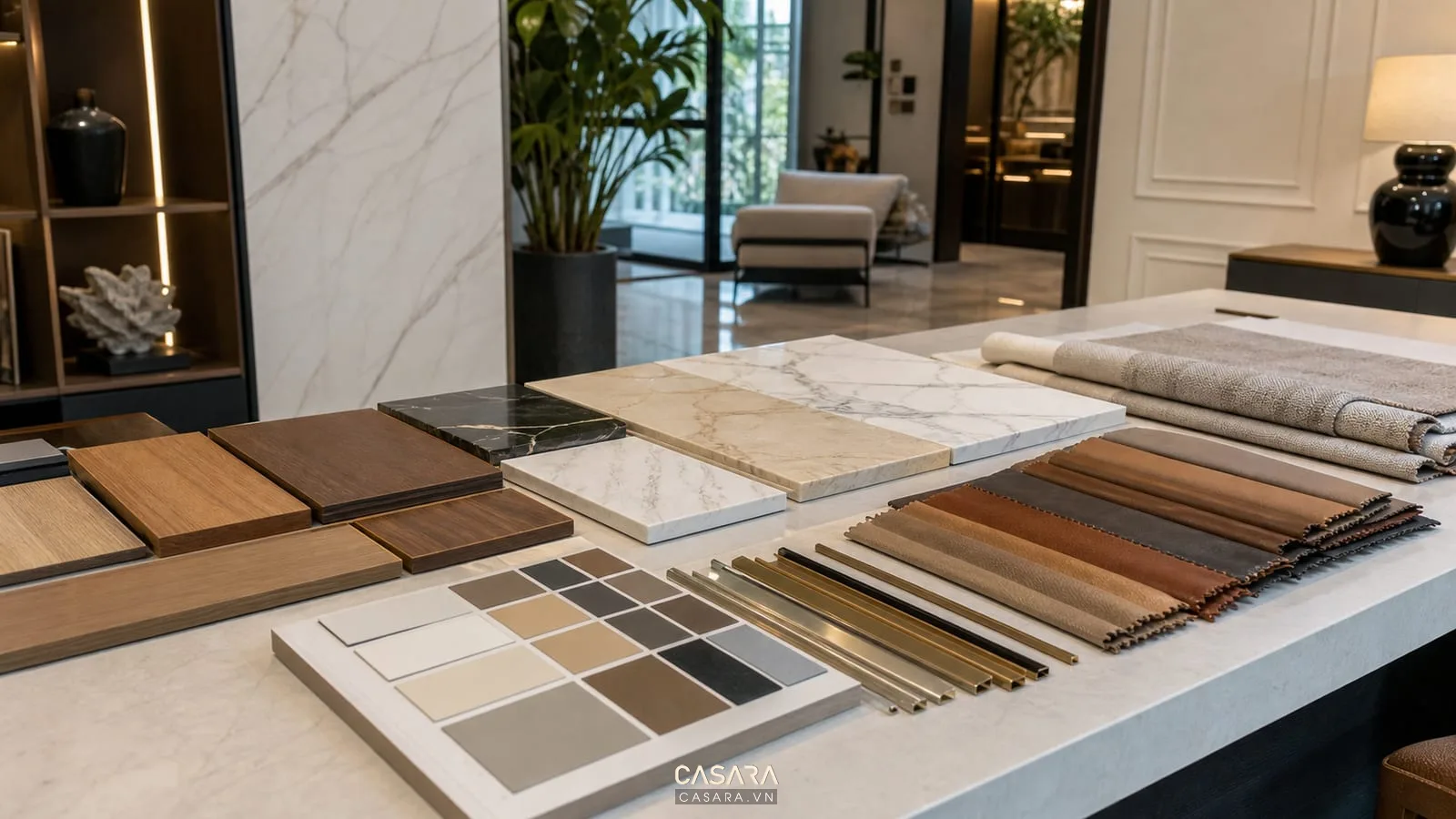 Mẫu vật liệu thi công biệt thự Hà Nội gồm gỗ veneer đá marble da sofa vải rèm nẹp kim loại champagne và bảng phối màu