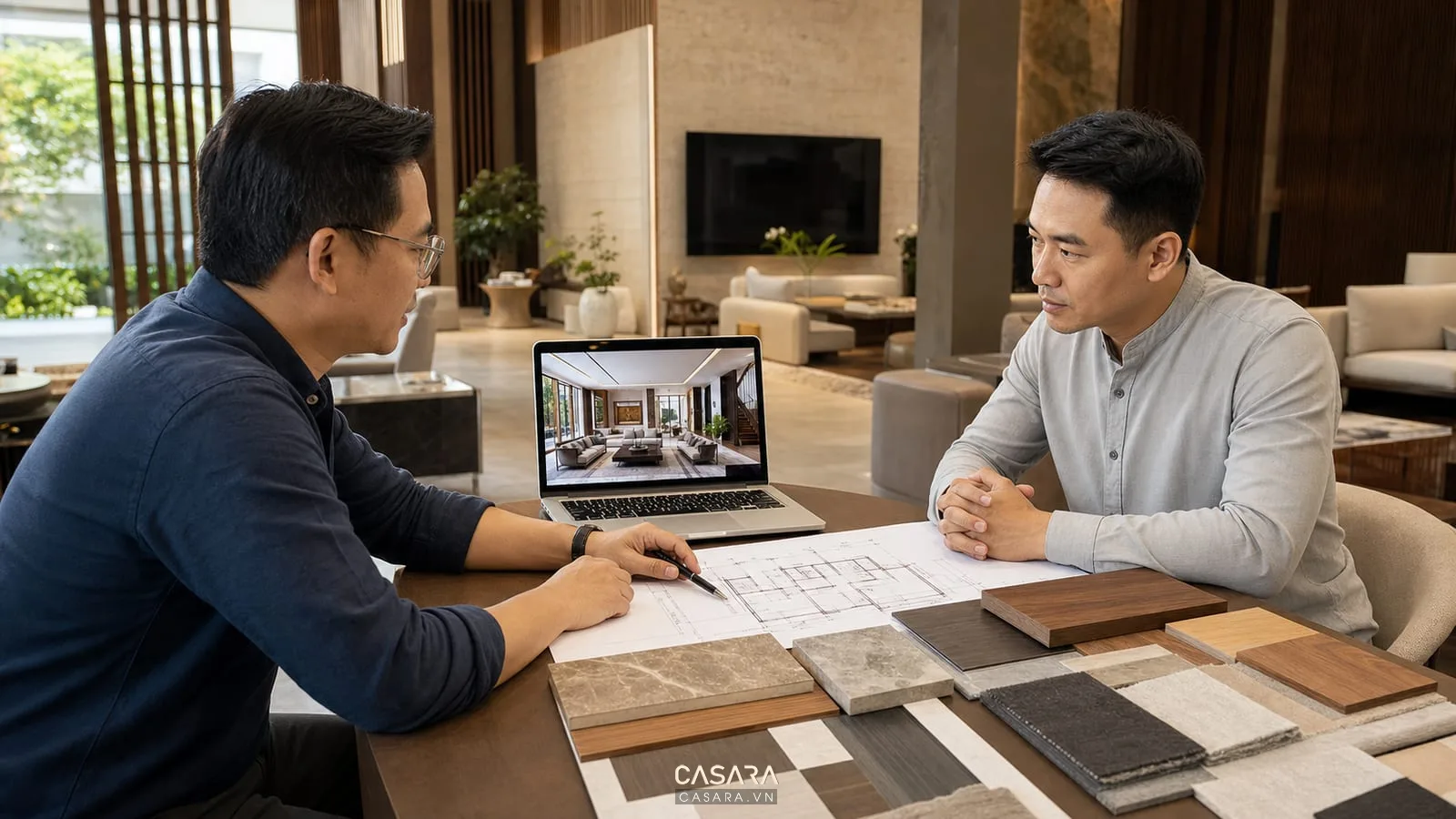 Tư vấn thi công biệt thự Hà Nội với kiến trúc sư gia chủ phối cảnh phòng khách bản vẽ mặt bằng mẫu gỗ mẫu đá và bảng vật liệu