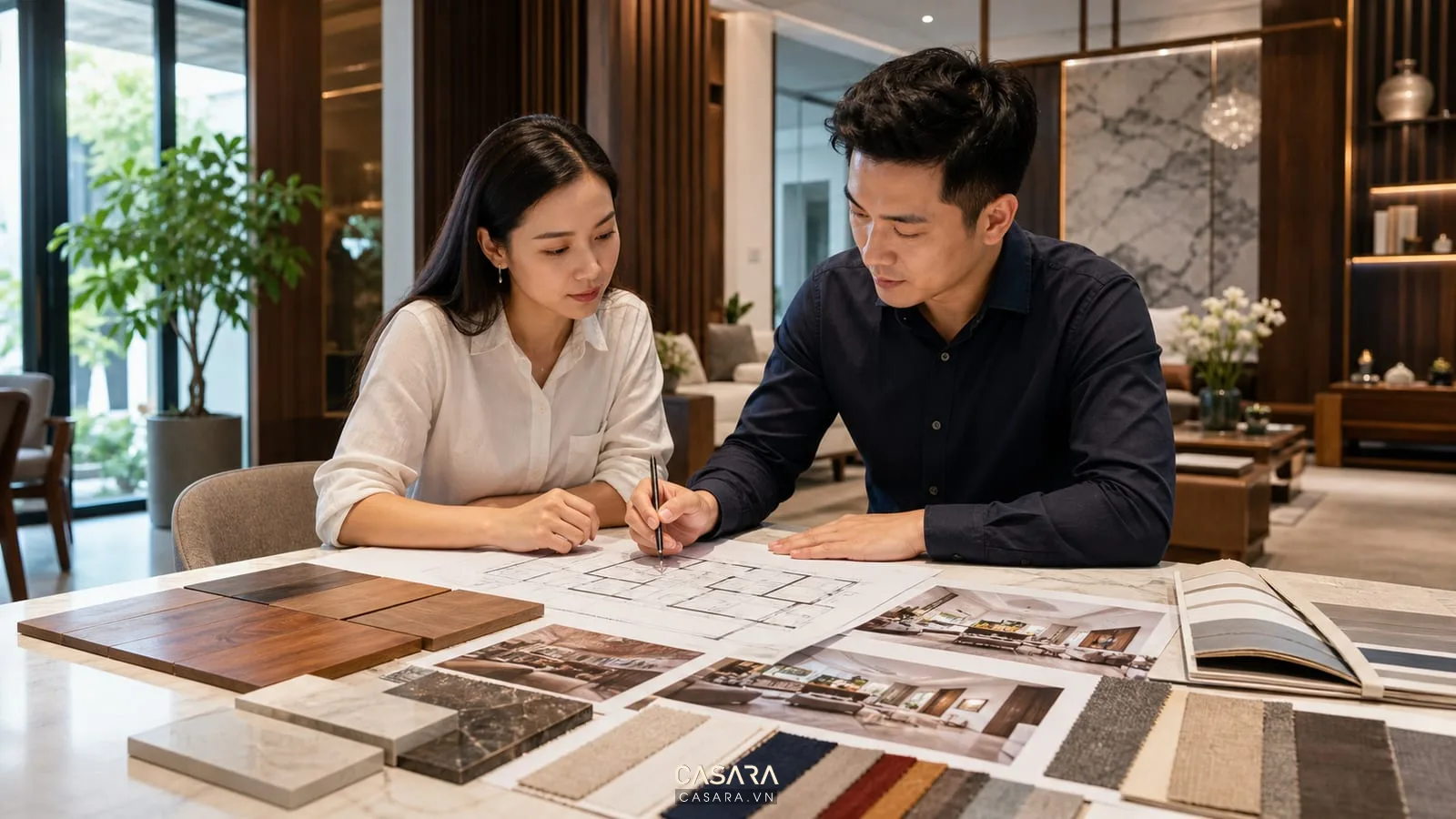 Tư vấn thi công biệt thự HCM với bản vẽ biệt thự mẫu gỗ mẫu đá và bảng màu nội thất