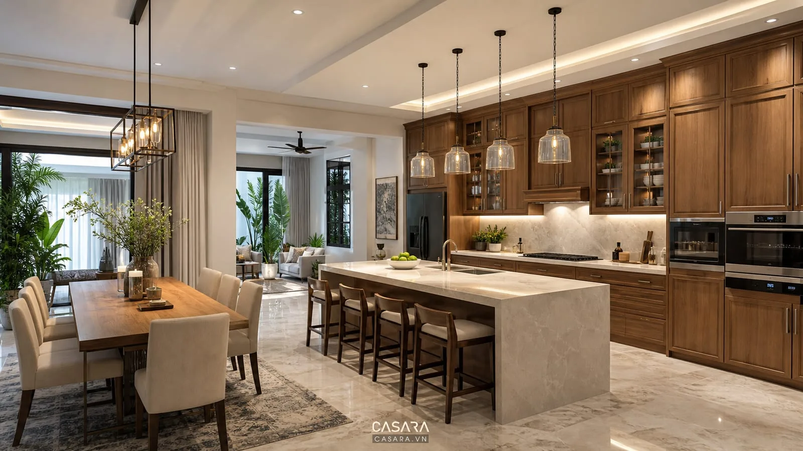 Thi công nội thất biệt thự HCM với bếp đảo bàn ăn gỗ và tủ bếp cao kịch trần