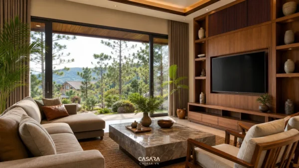 Phòng khách thi công biệt thự Lâm Đồng với sofa lớn, bàn trà đá, vách tivi gỗ và cửa kính nhìn ra vườn