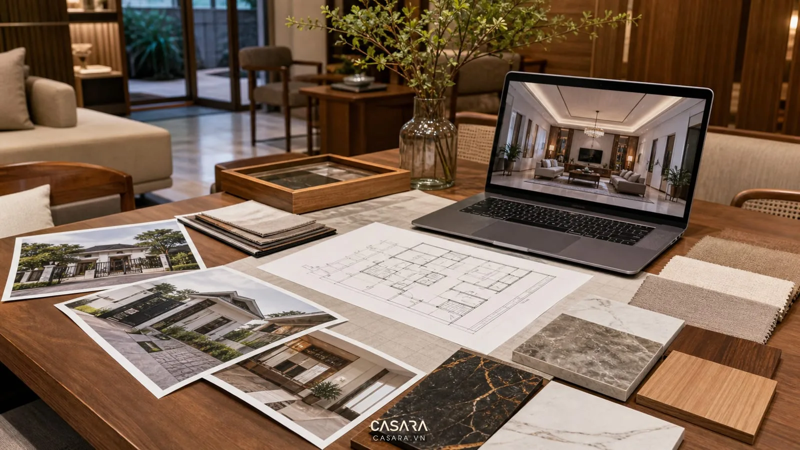 Bàn tư vấn thi công biệt thự Lâm Đồng với bản vẽ, ảnh hiện trạng, mẫu gỗ, đá và vải sofa