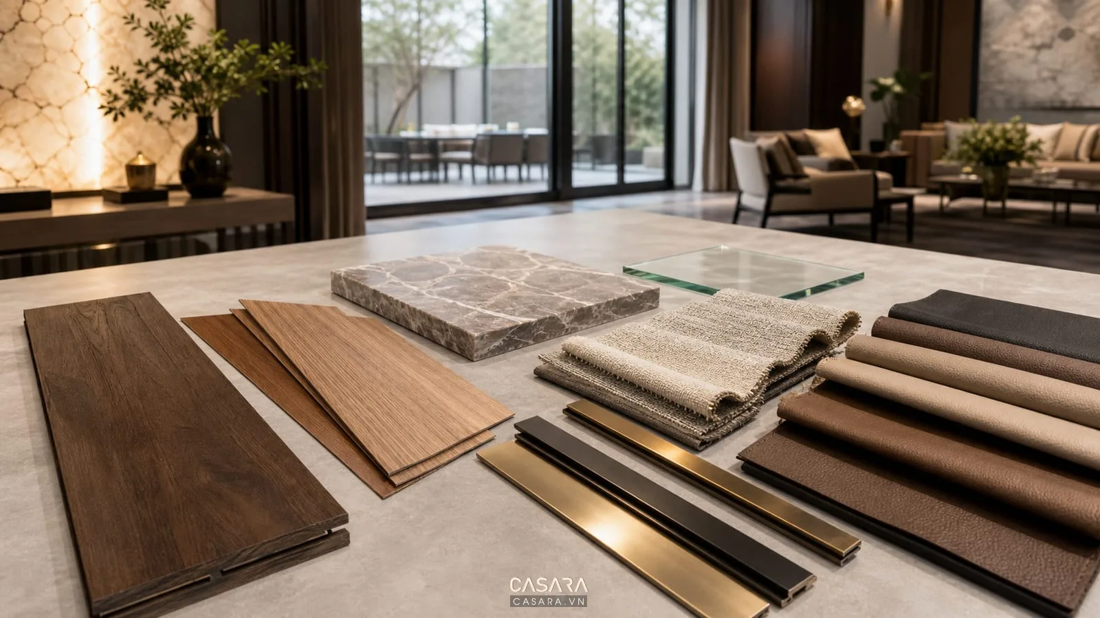 Mẫu vật liệu thi công biệt thự Lâm Đồng với gỗ óc chó, đá marble, vải rèm, da sofa và nẹp kim loại