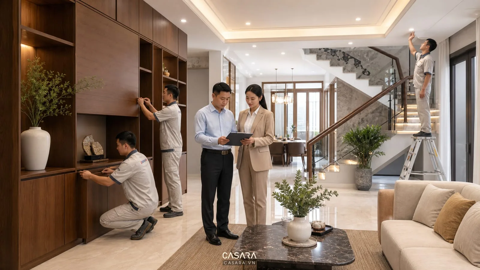 Nghiệm thu thi công nội thất biệt thự liền kề sau lắp đặt tủ gỗ và đèn