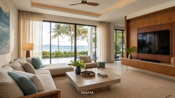 Phòng khách biệt thự có sofa lớn, bàn trà đá, vách tivi gỗ và cửa kính nhìn ra biển