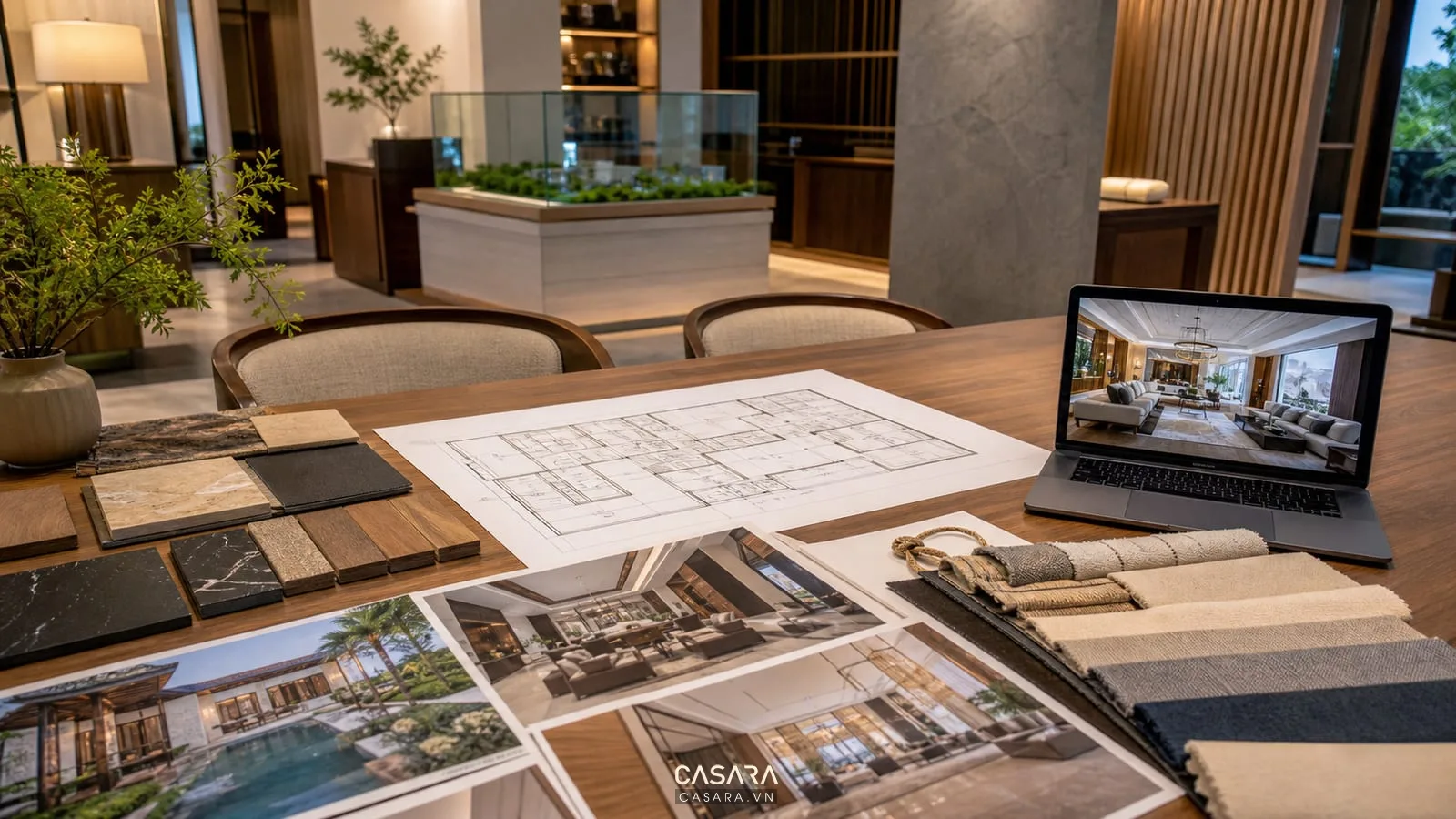 Bàn tư vấn thi công biệt thự Phú Quốc với bản vẽ, ảnh hiện trạng, mẫu gỗ, đá và vải rèm