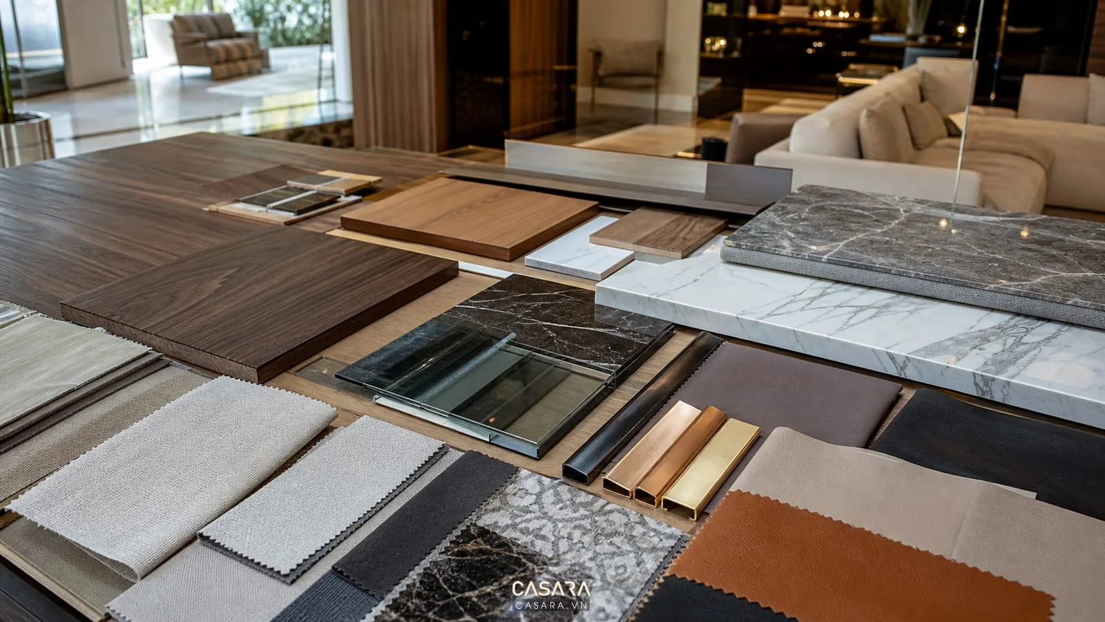 Mẫu vật liệu thi công biệt thự Phú Quốc với gỗ óc chó, đá marble, vải rèm, da và nẹp kim loại