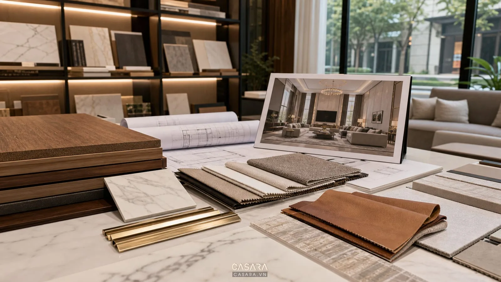Mẫu vật liệu thi công nội thất biệt thự Hà Nội gồm gỗ veneer, đá, kim loại, da, vải và bản vẽ kỹ thuật