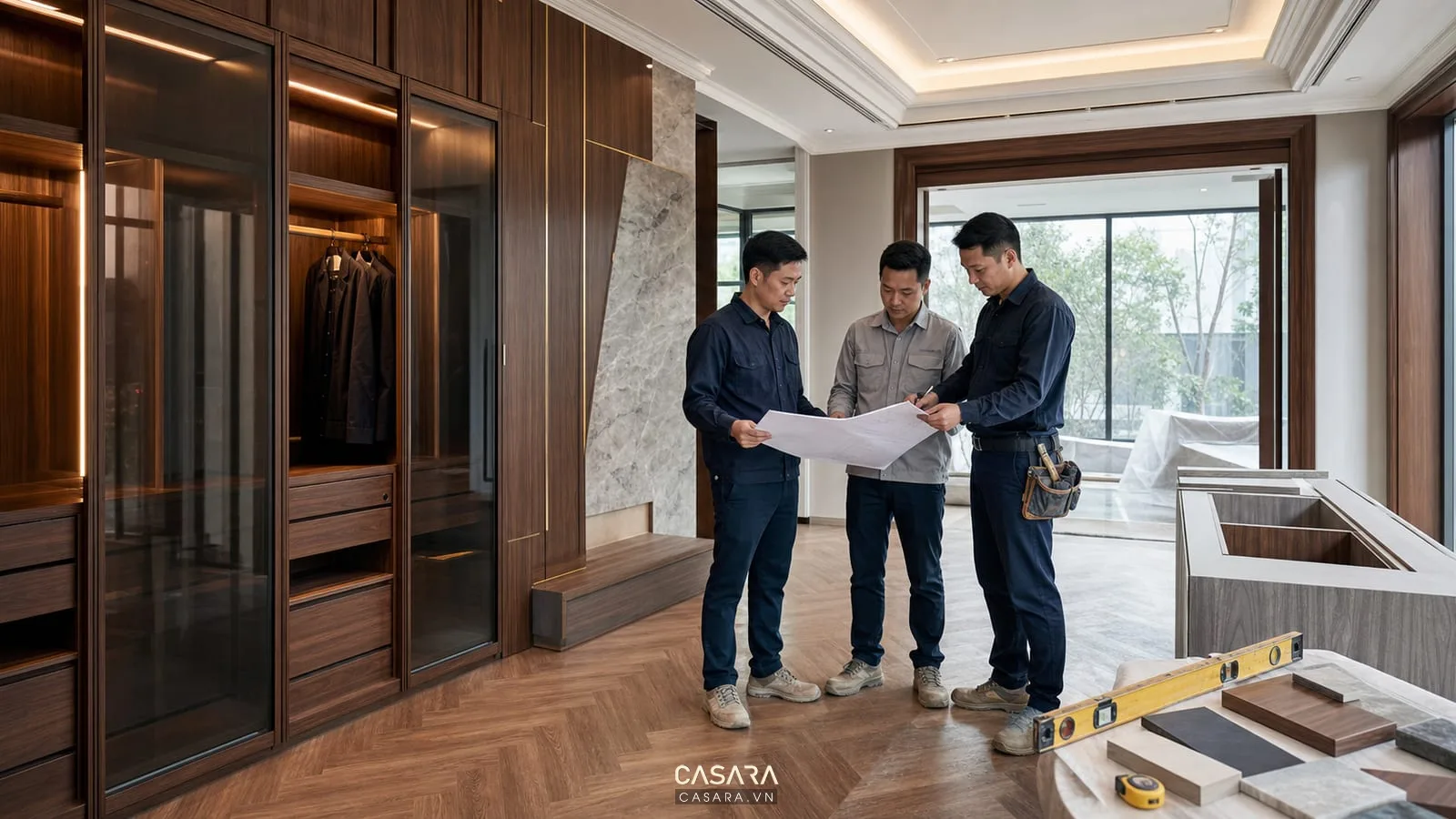 Đội thi công nội thất biệt thự tại Hà Nội kiểm tra hiện trường với bản vẽ, tủ áo, vách gỗ và mẫu vật liệu