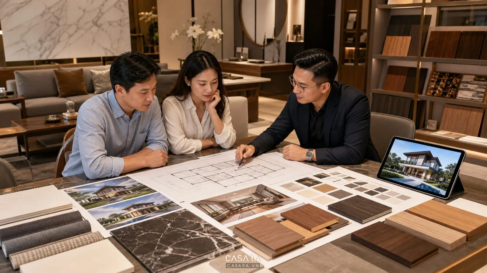 Tư vấn thi công biệt thự tại Hà Nội với gia chủ, kiến trúc sư, bản vẽ biệt thự, phối cảnh 3D và mẫu vật liệu