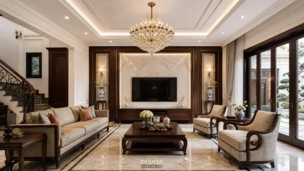 Phòng khách tân cổ điển có sofa, vách tivi, phào chỉ và đèn chùm lớn